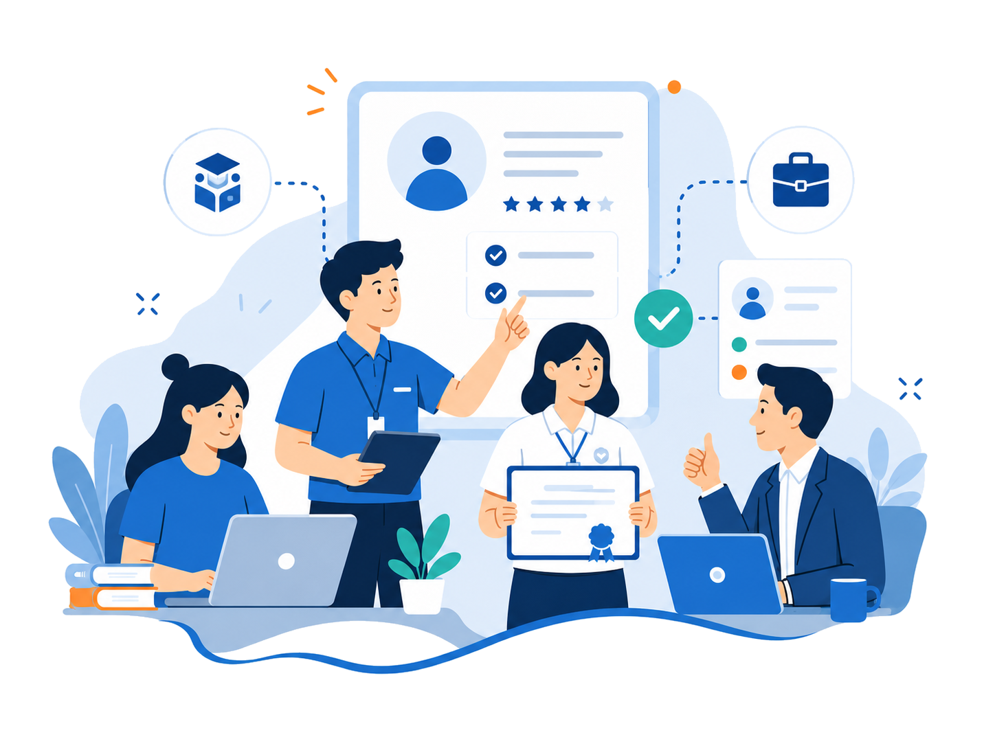 TESDA trainees, a certified graduate, and an employer connected through the SkillsMatch employment platform