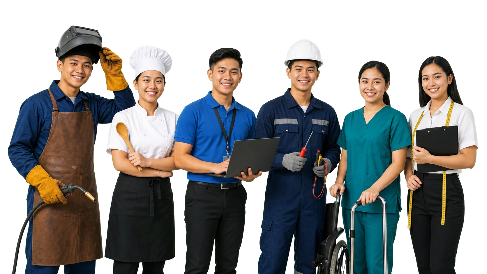 Professional TESDA trainees and skilled workers representing welding, cookery, information technology, electrical work, caregiving, tailoring, and workplace readiness