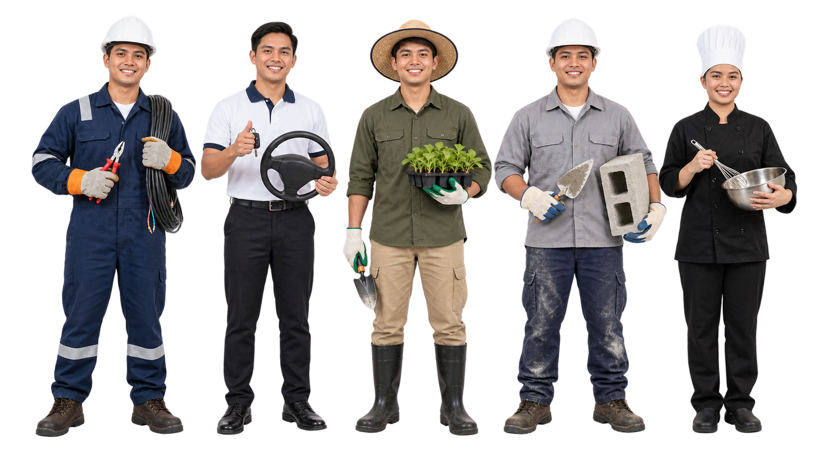 TESDA trainees representing Electrical Installation, Driving, Agriculture, Masonry, and Bread and Pastry Production